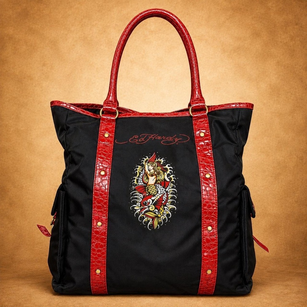 Ed Hardy Mermaid Tattoo Tote Bag Red Croc Trim Y2K McBling Black Large Handbag